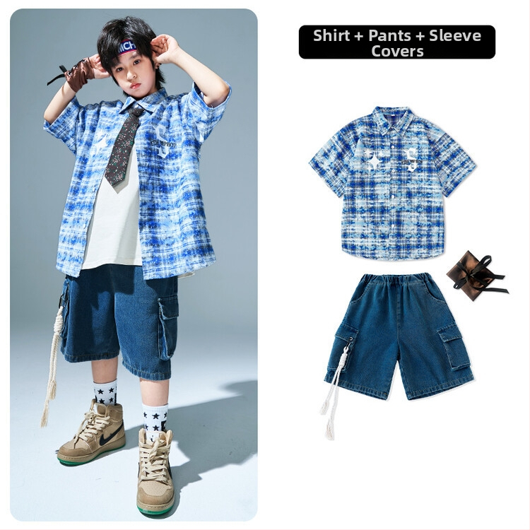 Vaikų hip-hop komplektas su languota marškinėle – pasirodymų kostiumas, 85% medvilnė, vasaros sezonas, neutrali lytis, animacinio stiliaus, nuo 8 metų