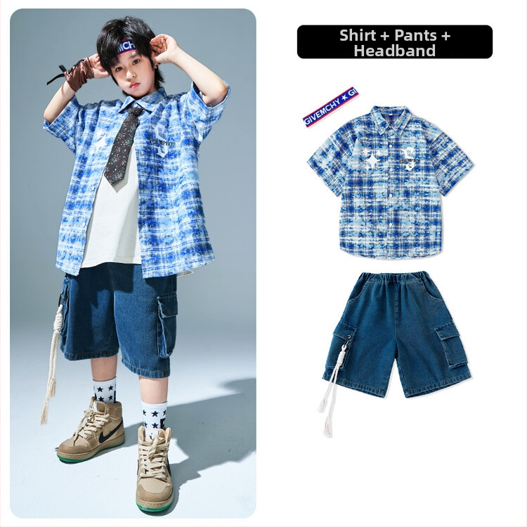 Vaikų hip-hop komplektas su languota marškinėle – pasirodymų kostiumas, 85% medvilnė, vasaros sezonas, neutrali lytis, animacinio stiliaus, nuo 8 metų