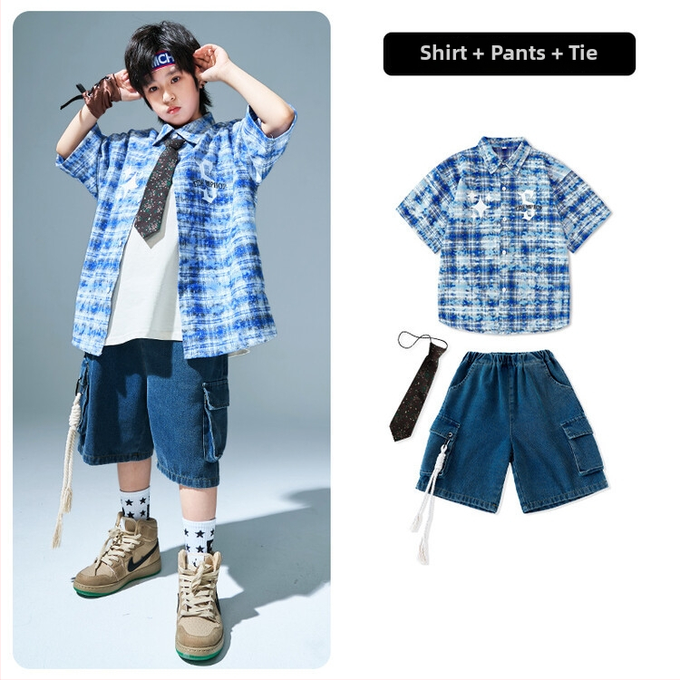 Vaikų hip-hop komplektas su languota marškinėle – pasirodymų kostiumas, 85% medvilnė, vasaros sezonas, neutrali lytis, animacinio stiliaus, nuo 8 metų