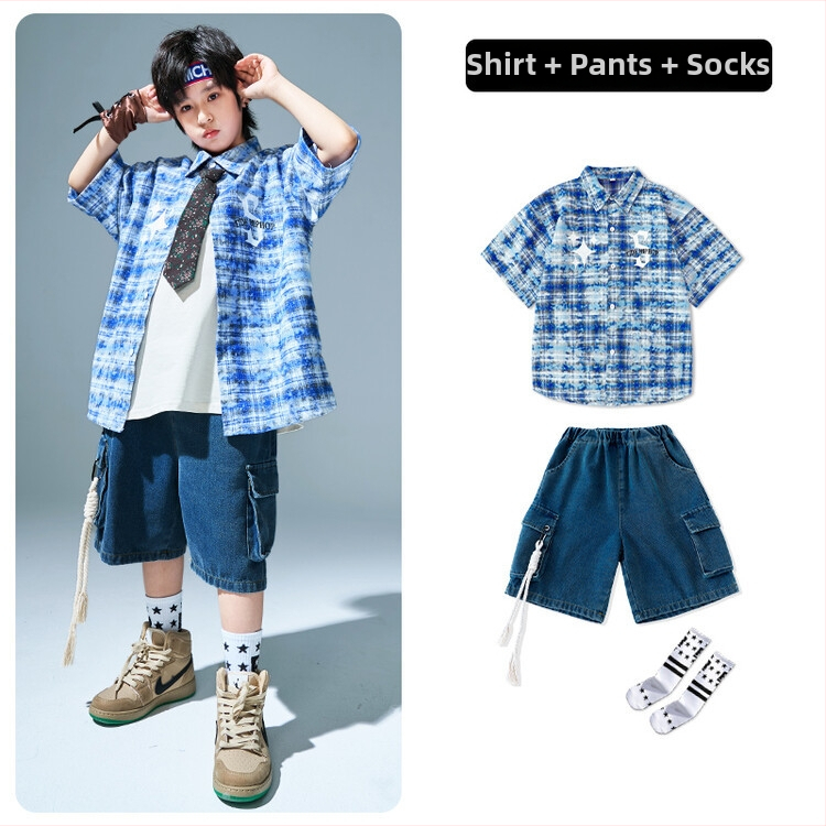 Vaikų hip-hop komplektas su languota marškinėle – pasirodymų kostiumas, 85% medvilnė, vasaros sezonas, neutrali lytis, animacinio stiliaus, nuo 8 metų