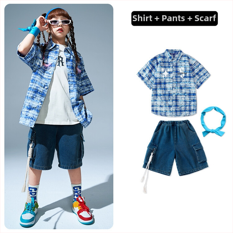 Vaikų hip-hop komplektas su languota marškinėle – pasirodymų kostiumas, 85% medvilnė, vasaros sezonas, neutrali lytis, animacinio stiliaus, nuo 8 metų