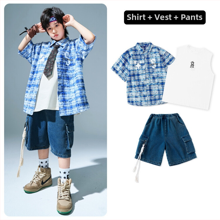 Vaikų hip-hop komplektas su languota marškinėle – pasirodymų kostiumas, 85% medvilnė, vasaros sezonas, neutrali lytis, animacinio stiliaus, nuo 8 metų