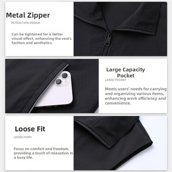 Munkavállalói mellény galléros, kétsoros gombolás, csíkos mintázat, egész éves viselet, oldalsó zsebek