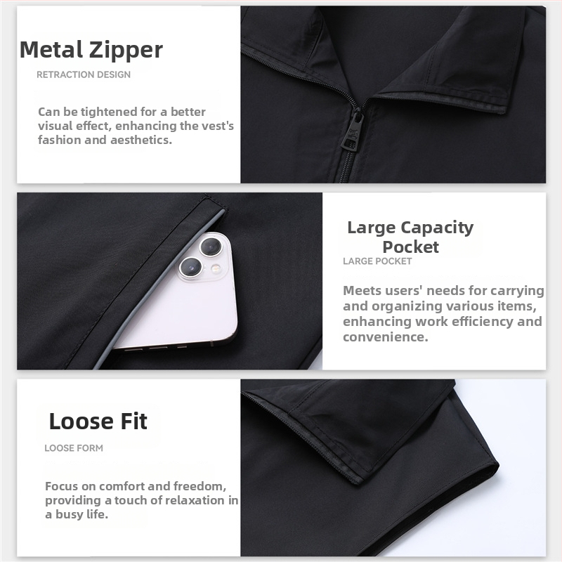 Munkavállalói mellény galléros, kétsoros gombolás, csíkos mintázat, egész éves viselet, oldalsó zsebek