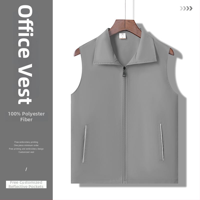 Munkavállalói mellény galléros, kétsoros gombolás, csíkos mintázat, egész éves viselet, oldalsó zsebek