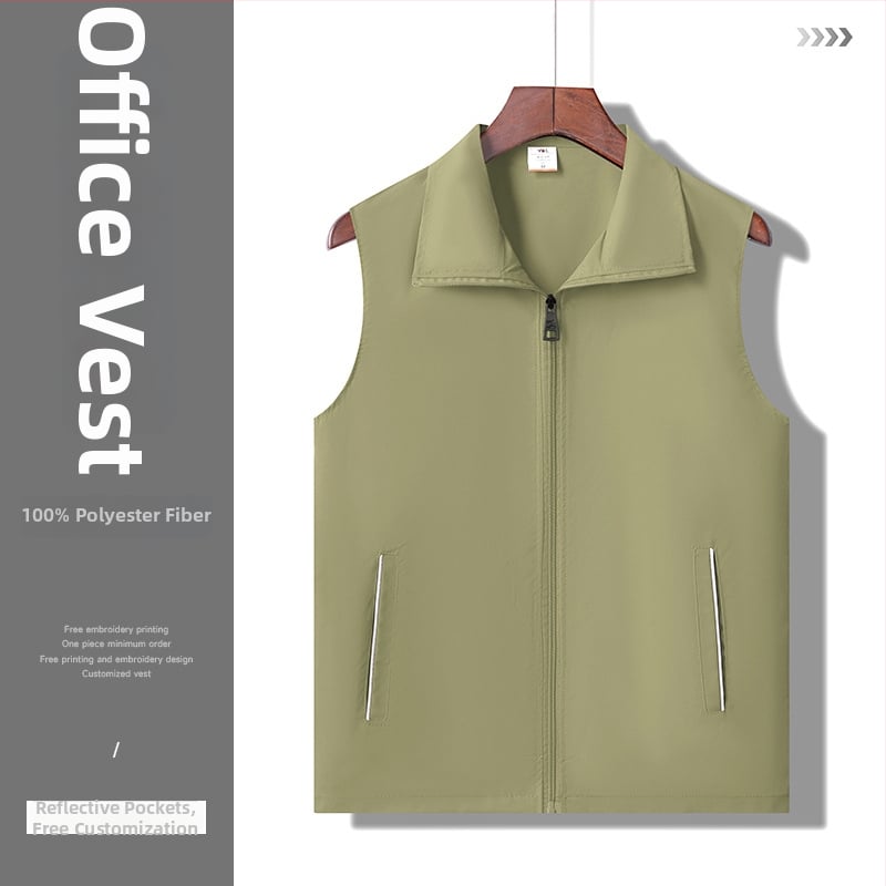 Munkavállalói mellény galléros, kétsoros gombolás, csíkos mintázat, egész éves viselet, oldalsó zsebek