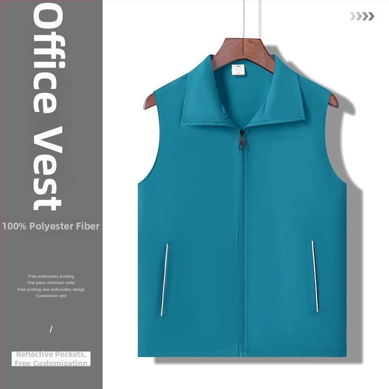 Munkavállalói mellény galléros, kétsoros gombolás, csíkos mintázat, egész éves viselet, oldalsó zsebek