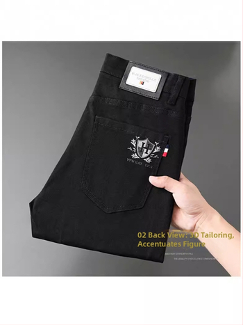 Meeste Slim-Fit Straight džinsid brodeeritud trükisega, keskmine talje, puuvillane denim