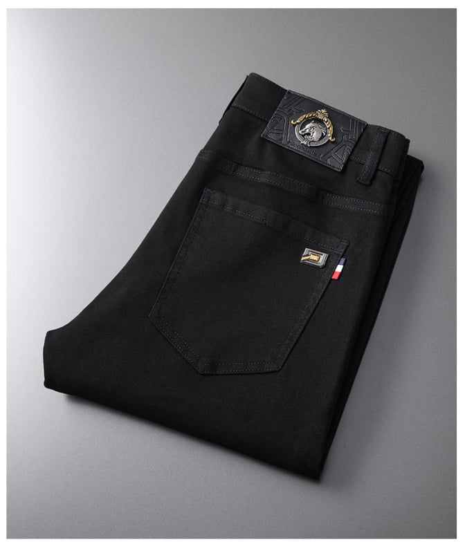 Meeste Slim-Fit Straight džinsid brodeeritud trükisega, keskmine talje, puuvillane denim