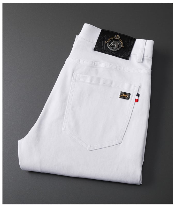 Meeste Slim-Fit Straight džinsid brodeeritud trükisega, keskmine talje, puuvillane denim