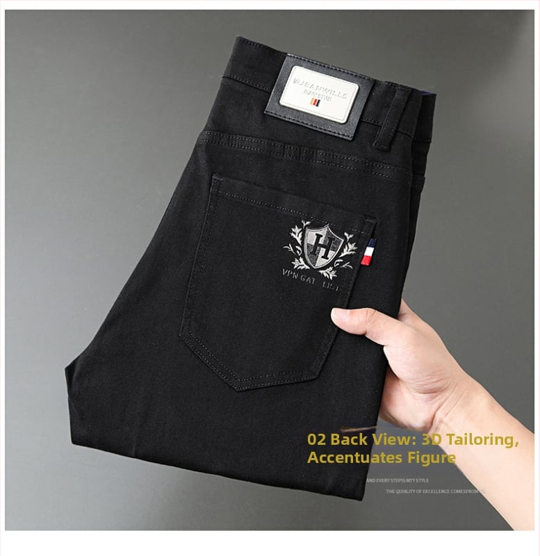 Meeste Slim-Fit Straight džinsid brodeeritud trükisega, keskmine talje, puuvillane denim