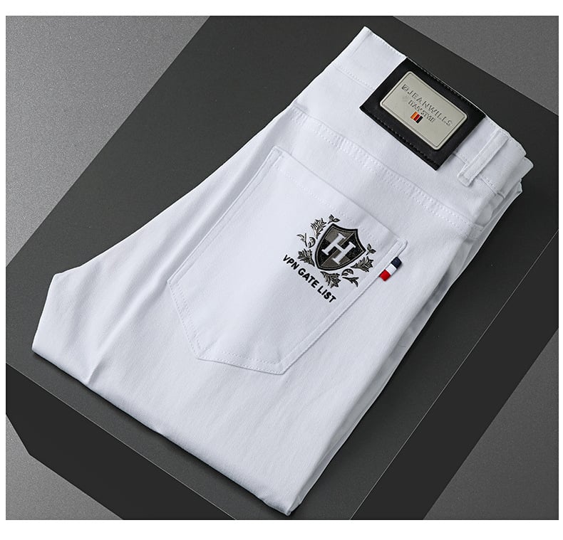 Meeste Slim-Fit Straight džinsid brodeeritud trükisega, keskmine talje, puuvillane denim