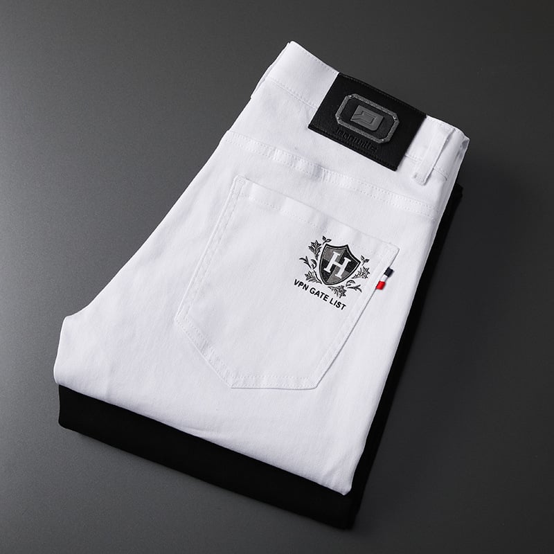 Meeste Slim-Fit Straight džinsid brodeeritud trükisega, keskmine talje, puuvillane denim