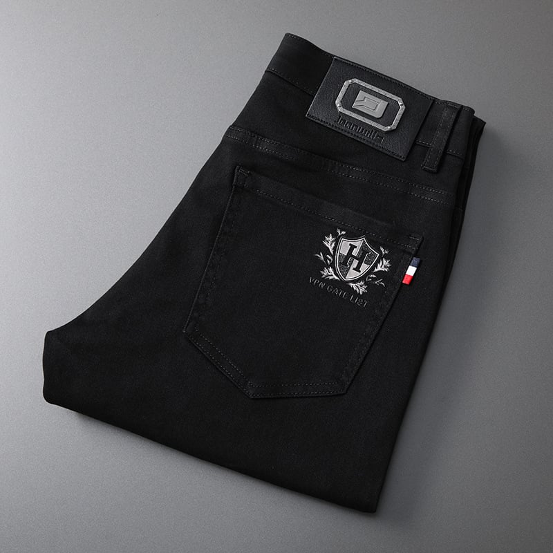 Meeste Slim-Fit Straight džinsid brodeeritud trükisega, keskmine talje, puuvillane denim