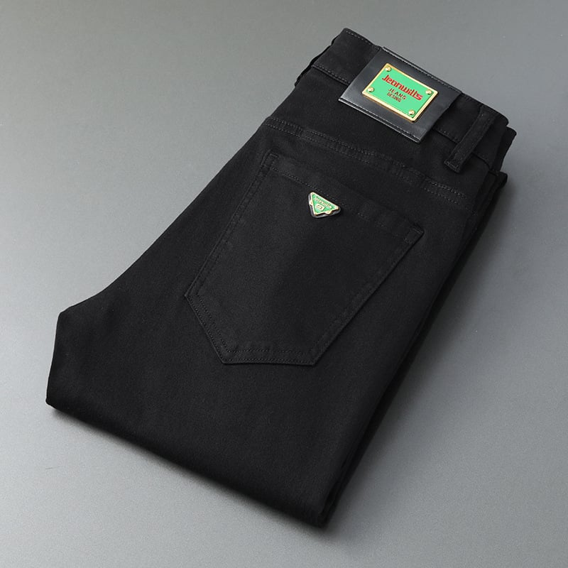 Meeste Slim-Fit Straight džinsid brodeeritud trükisega, keskmine talje, puuvillane denim