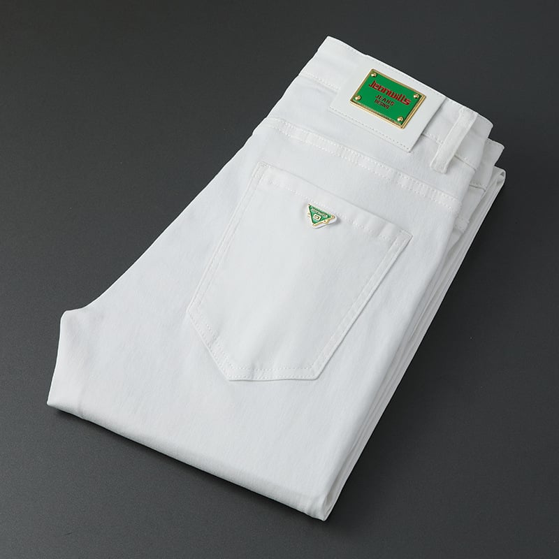 Meeste Slim-Fit Straight džinsid brodeeritud trükisega, keskmine talje, puuvillane denim