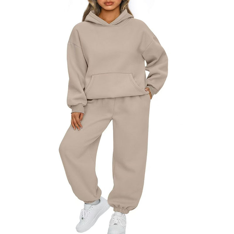 Set femei, două piese: hanorac cu glugă și trening jogger, mâneci lungi, umeri căzuți, țesătură terry, 95% poliester, croială lejeră, stil urban, toamnă 2025