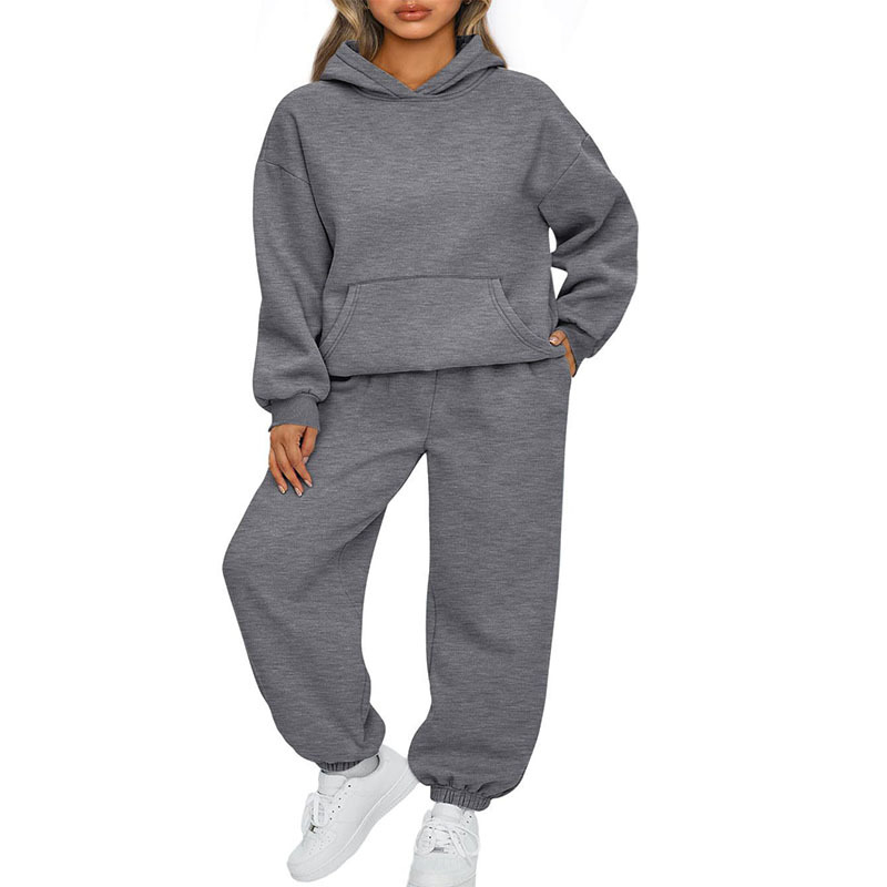 Set femei, două piese: hanorac cu glugă și trening jogger, mâneci lungi, umeri căzuți, țesătură terry, 95% poliester, croială lejeră, stil urban, toamnă 2025