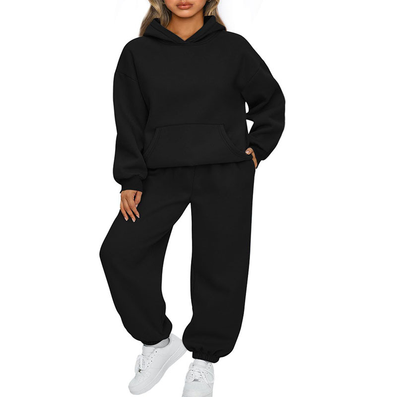 Set femei, două piese: hanorac cu glugă și trening jogger, mâneci lungi, umeri căzuți, țesătură terry, 95% poliester, croială lejeră, stil urban, toamnă 2025