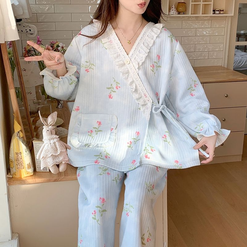 Trudničke dojiljske pidžame u stilu kimono – prozračni pamuk, dugi rukav, 251–300 g/m², 95–100% poliester