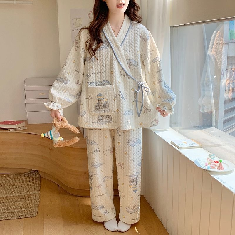 Trudničke dojiljske pidžame u stilu kimono – prozračni pamuk, dugi rukav, 251–300 g/m², 95–100% poliester