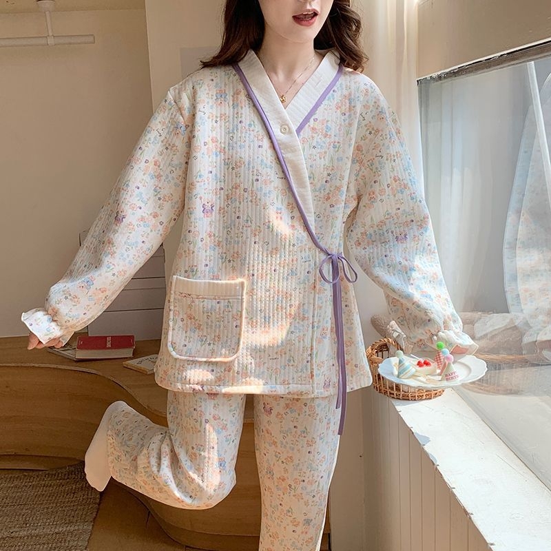 Trudničke dojiljske pidžame u stilu kimono – prozračni pamuk, dugi rukav, 251–300 g/m², 95–100% poliester