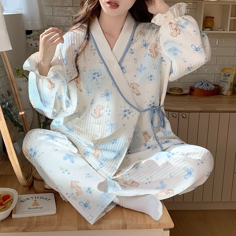 Trudničke dojiljske pidžame u stilu kimono – prozračni pamuk, dugi rukav, 251–300 g/m², 95–100% poliester