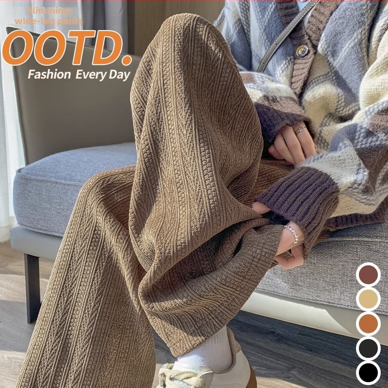 Πλεκτές εγκυμοσύνης φαρδιές παντελόνες για φθινοπωρο-χειμώνα, με υψηλή μέση και στήριξη κοιλιάς, χαλαρή ίσια γραμμή, μίγμα πολυεστέρα-βισκόζη (70–80% πολυεστέρας, 20–30% βισκόζη).