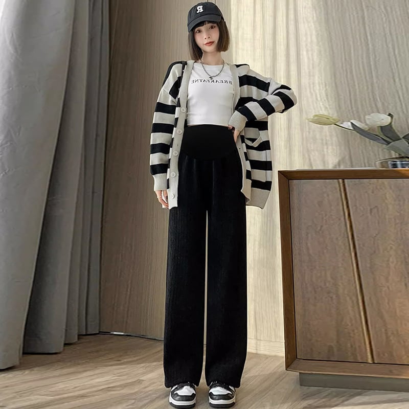 Πλεκτές εγκυμοσύνης φαρδιές παντελόνες για φθινοπωρο-χειμώνα, με υψηλή μέση και στήριξη κοιλιάς, χαλαρή ίσια γραμμή, μίγμα πολυεστέρα-βισκόζη (70–80% πολυεστέρας, 20–30% βισκόζη).