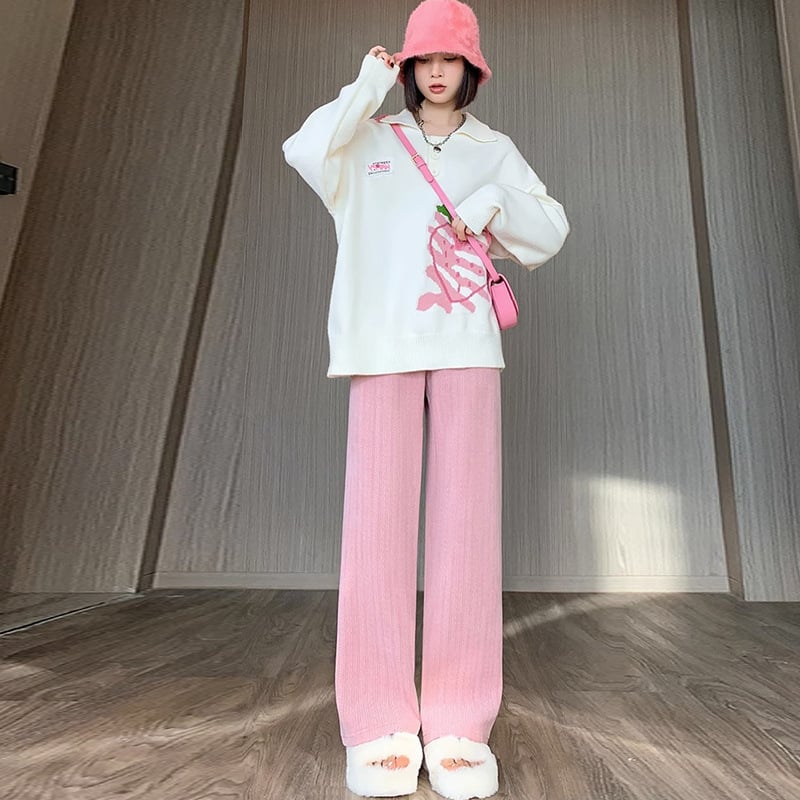 Πλεκτές εγκυμοσύνης φαρδιές παντελόνες για φθινοπωρο-χειμώνα, με υψηλή μέση και στήριξη κοιλιάς, χαλαρή ίσια γραμμή, μίγμα πολυεστέρα-βισκόζη (70–80% πολυεστέρας, 20–30% βισκόζη).