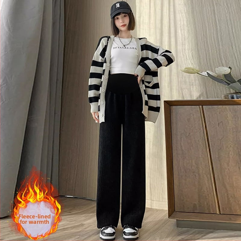 Πλεκτές εγκυμοσύνης φαρδιές παντελόνες για φθινοπωρο-χειμώνα, με υψηλή μέση και στήριξη κοιλιάς, χαλαρή ίσια γραμμή, μίγμα πολυεστέρα-βισκόζη (70–80% πολυεστέρας, 20–30% βισκόζη).