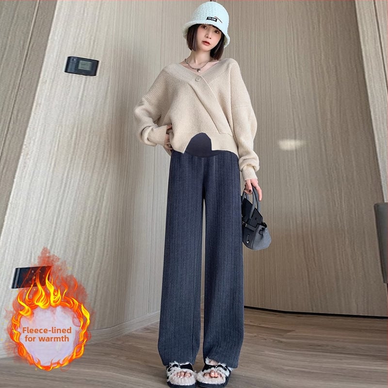 Πλεκτές εγκυμοσύνης φαρδιές παντελόνες για φθινοπωρο-χειμώνα, με υψηλή μέση και στήριξη κοιλιάς, χαλαρή ίσια γραμμή, μίγμα πολυεστέρα-βισκόζη (70–80% πολυεστέρας, 20–30% βισκόζη).