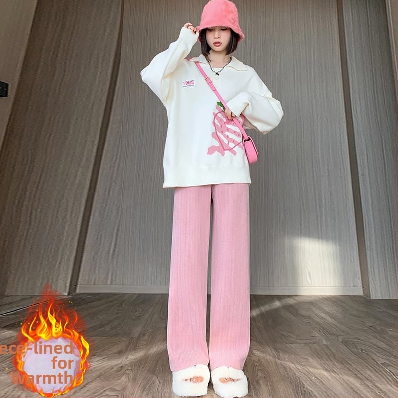 Πλεκτές εγκυμοσύνης φαρδιές παντελόνες για φθινοπωρο-χειμώνα, με υψηλή μέση και στήριξη κοιλιάς, χαλαρή ίσια γραμμή, μίγμα πολυεστέρα-βισκόζη (70–80% πολυεστέρας, 20–30% βισκόζη).