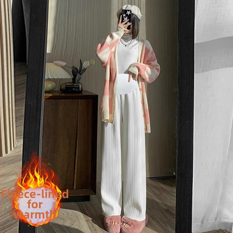 Πλεκτές εγκυμοσύνης φαρδιές παντελόνες για φθινοπωρο-χειμώνα, με υψηλή μέση και στήριξη κοιλιάς, χαλαρή ίσια γραμμή, μίγμα πολυεστέρα-βισκόζη (70–80% πολυεστέρας, 20–30% βισκόζη).