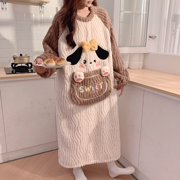 Nakts kleita ziemas korāļa plīša audumā, bieza, grūtniecēm, apaļš kakla izgriezums, garas piedurknes