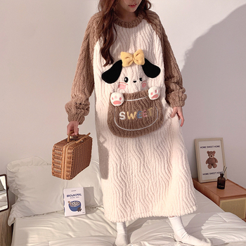 Nakts kleita ziemas korāļa plīša audumā, bieza, grūtniecēm, apaļš kakla izgriezums, garas piedurknes