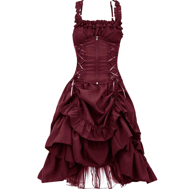 Gotik Lolita cosplay haljina za pozornicu – uski kroj, nepravilan čvor u struku, čipka, tkanina od pamukove smjese (polyester/spandeks), jesen 2024.
