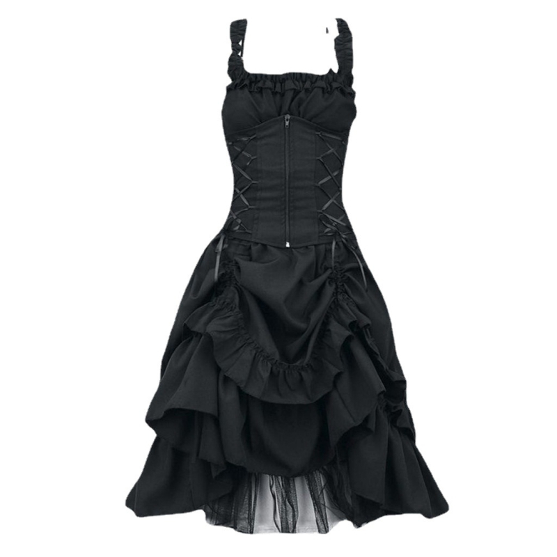 Gotik Lolita cosplay haljina za pozornicu – uski kroj, nepravilan čvor u struku, čipka, tkanina od pamukove smjese (polyester/spandeks), jesen 2024.