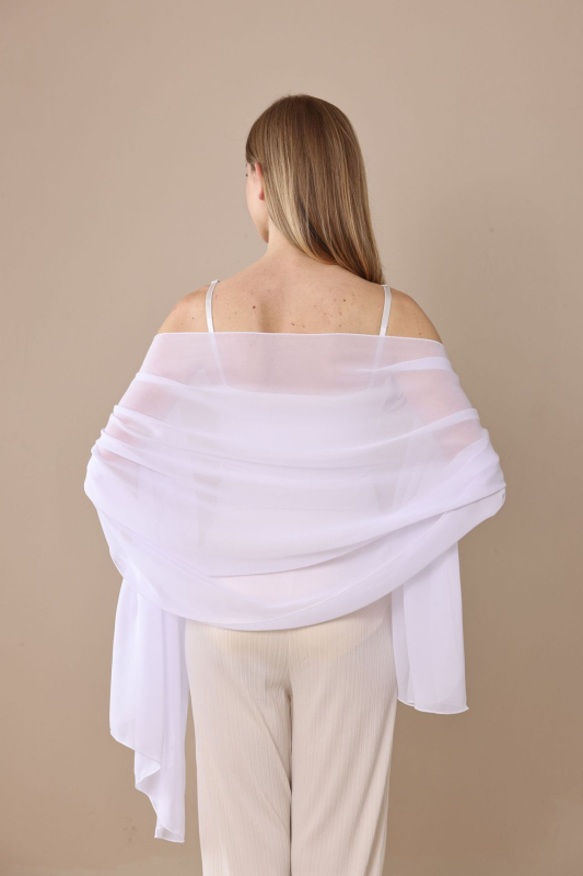 Šal od šifona, produžen za neveste i kume; poliester, širina 70 cm, tkanje warp knitting, vezenje, funkcija sjenčenja