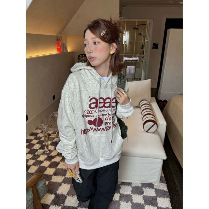 Худи с принт на букви, памучна материя, свободна кройка, средна дължина