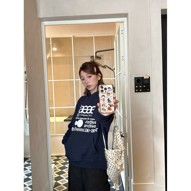 Худи с принт на букви, памучна материя, свободна кройка, средна дължина