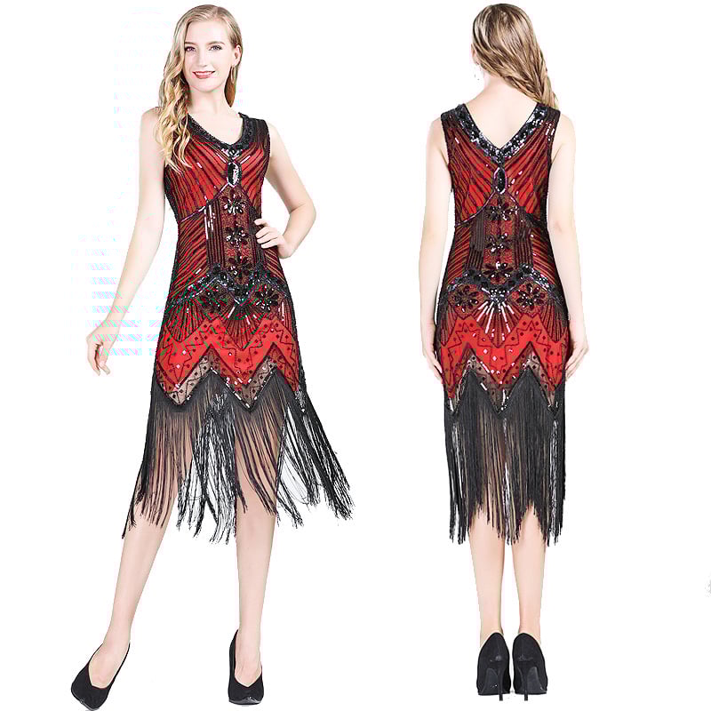 Tikitud flitter-kleit, midi pikkus, varrukateta, sügav V-kaelus, slim lõige, polüester