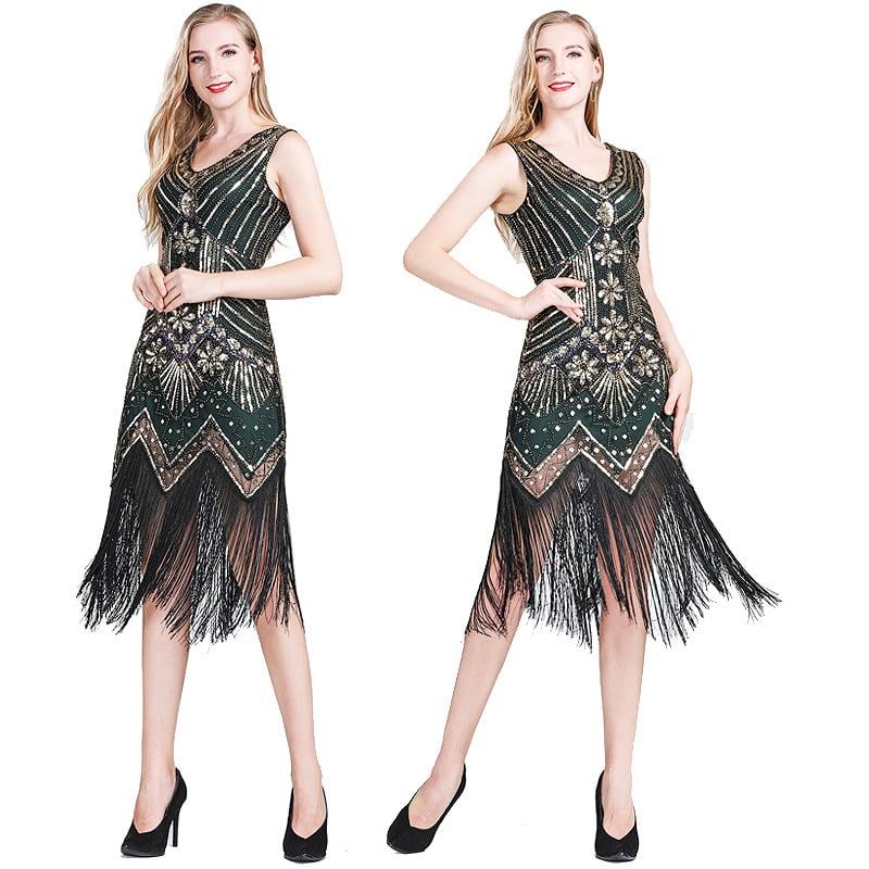 Tikitud flitter-kleit, midi pikkus, varrukateta, sügav V-kaelus, slim lõige, polüester