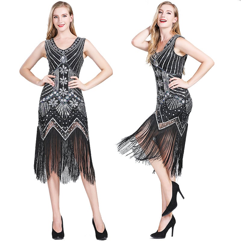 Tikitud flitter-kleit, midi pikkus, varrukateta, sügav V-kaelus, slim lõige, polüester