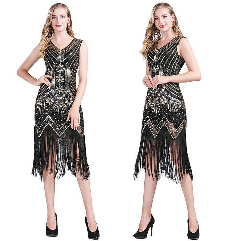 Tikitud flitter-kleit, midi pikkus, varrukateta, sügav V-kaelus, slim lõige, polüester