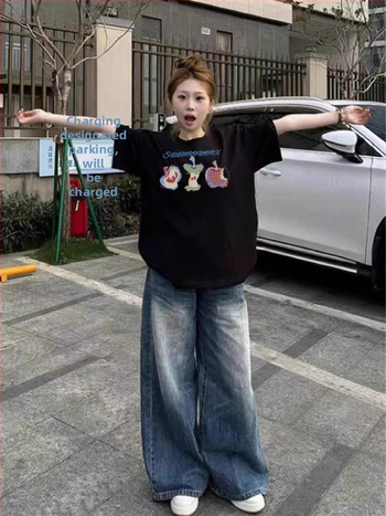 Памучна тениска с къс ръкав за жени, свободен силует, кръгло деколте, принт