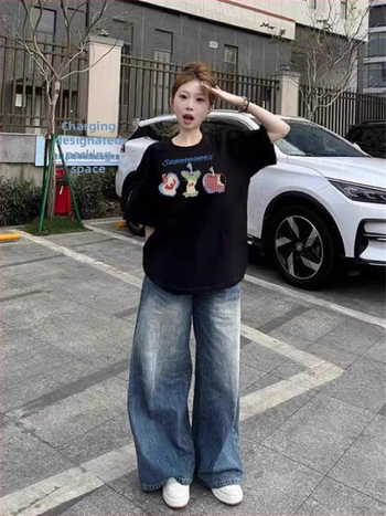 Памучна тениска с къс ръкав за жени, свободен силует, кръгло деколте, принт