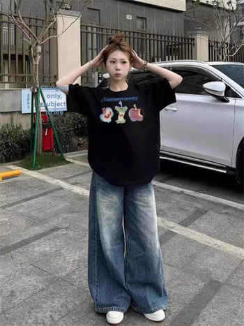 Памучна тениска с къс ръкав за жени, свободен силует, кръгло деколте, принт