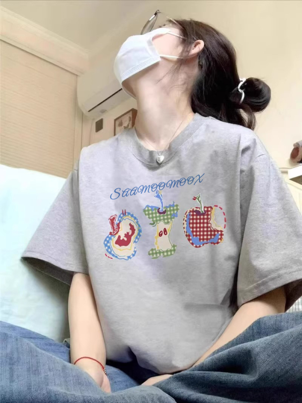 Памучна тениска с къс ръкав за жени, свободен силует, кръгло деколте, принт