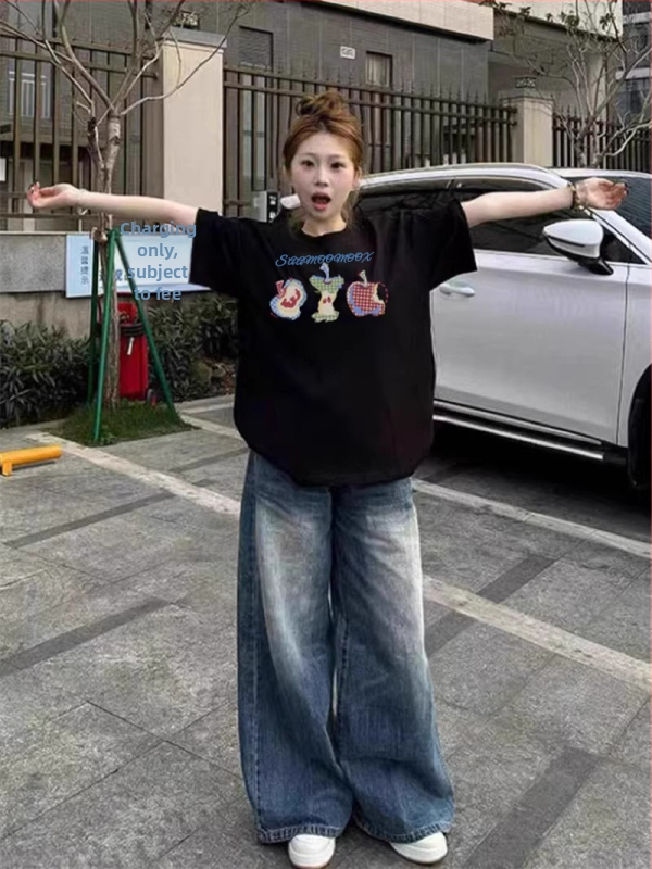 Памучна тениска с къс ръкав за жени, свободен силует, кръгло деколте, принт